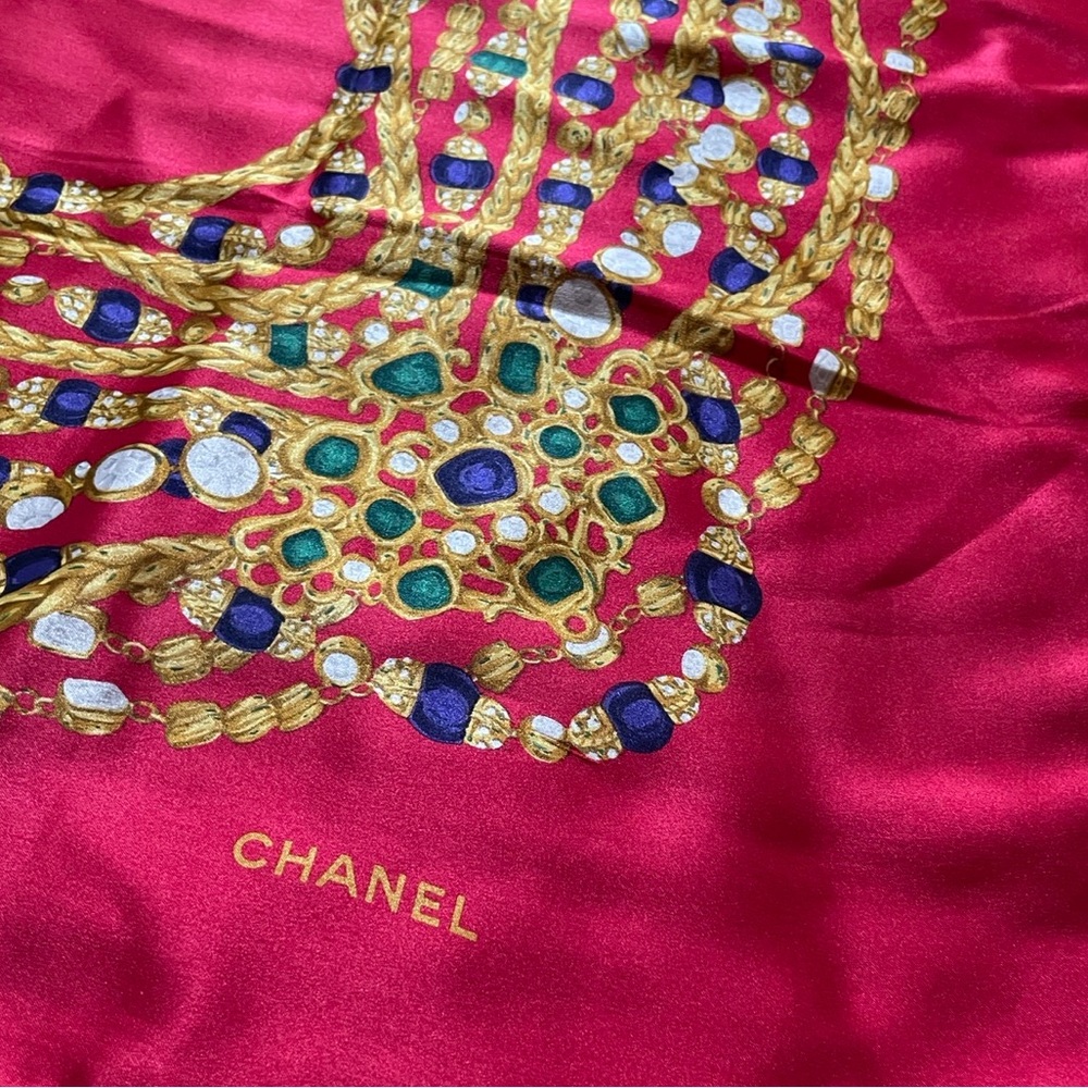 Vintage CHANEL Red Silk Scarf Jewelry Chain Print
